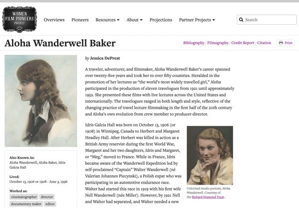 Women Film Pioneers — Example profile page